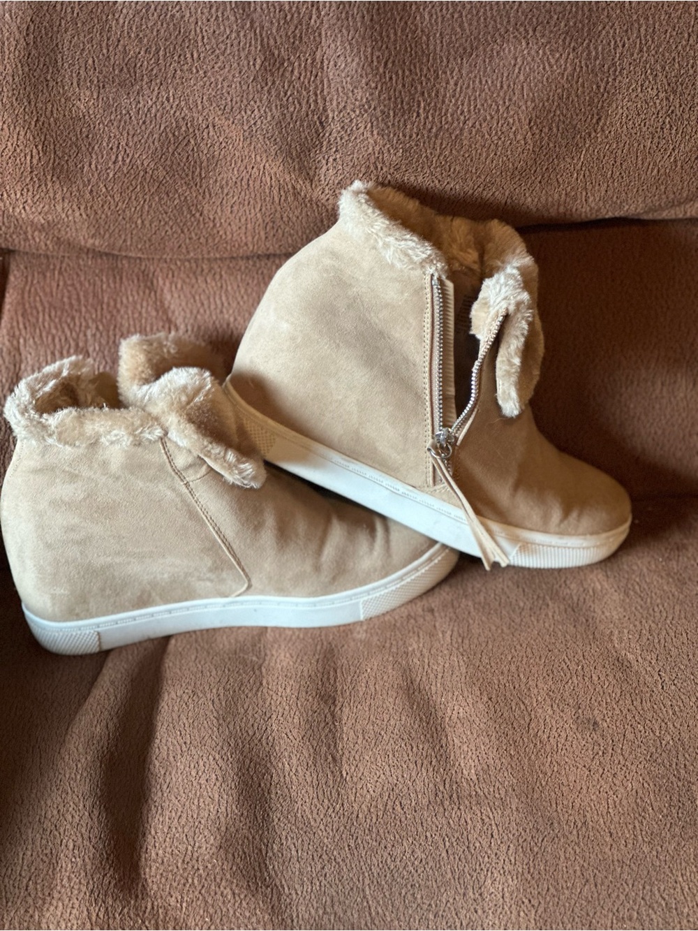 Brash Tan Suede Wedge Sneakers with Faux Fur Trim